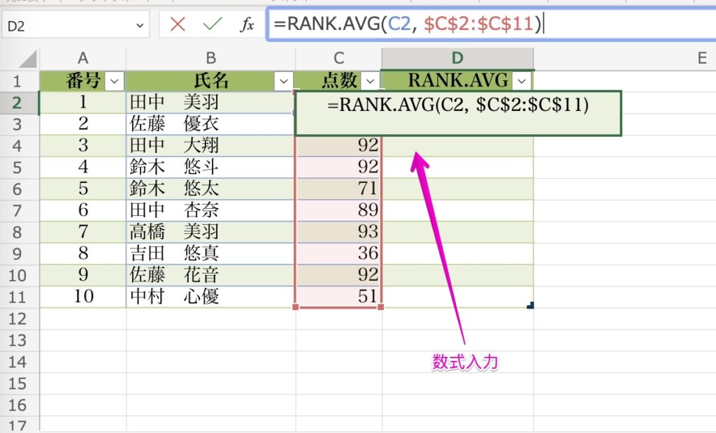 Excelオンライン 関数「RANK.AVG」