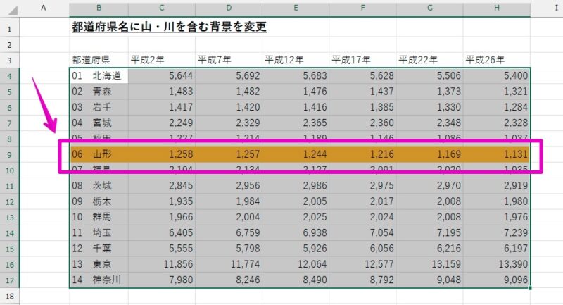 Excel Windowsアプリ版 条件付き書式 特定の文字を含む行全体の背景色を変更