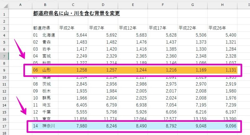 Excel Windowsアプリ版 条件付き書式 特定の文字を含む行全体の背景色を変更