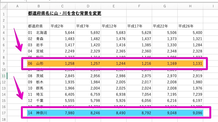 Excel Macアプリ版 条件付き書式 特定の文字を含む行全体の背景色を変更