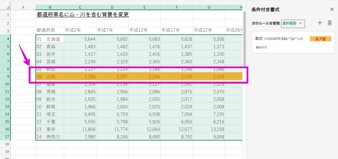 Excel オンライン版 条件付き書式 特定の文字を含む行全体の背景色を変更