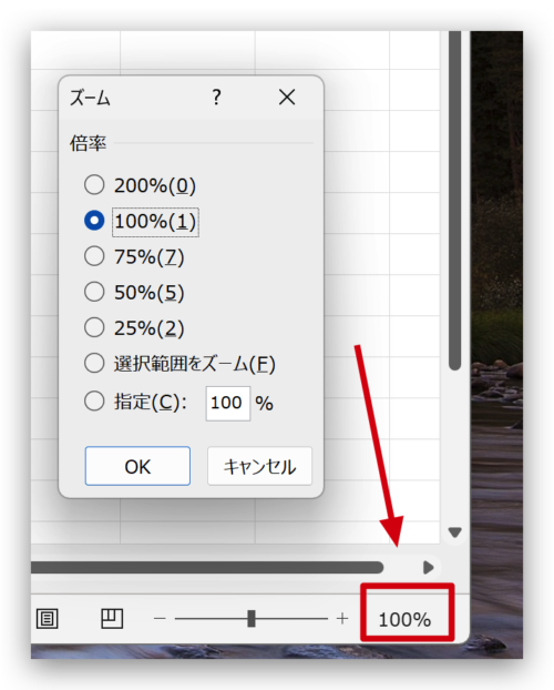 Windows版 Excel 拡大縮小ボタン