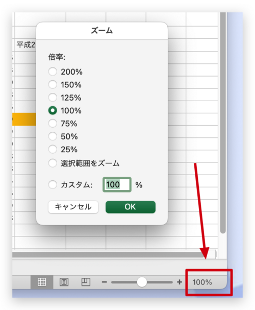 Mac版 Excel 拡大縮小ボタン